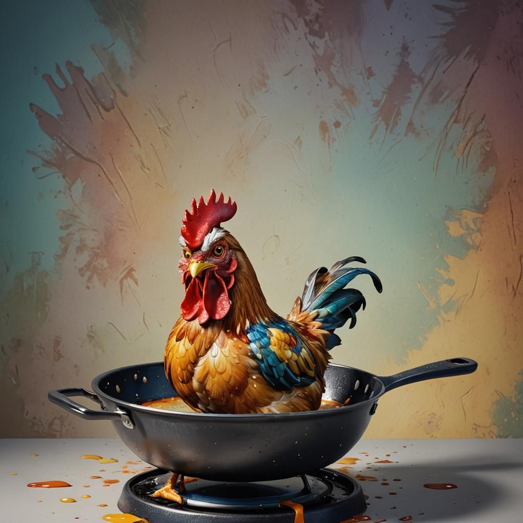 Hyperrealistic Cartoon Chicken on a Frying Pan