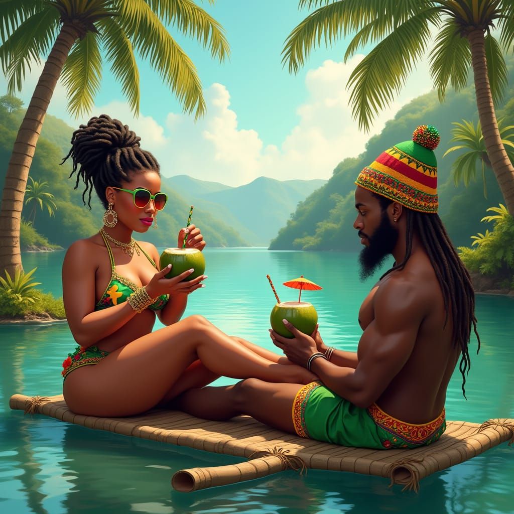 Vibrant Tropical Oasis with Dark-Skinned Woman Relaxing on B...
