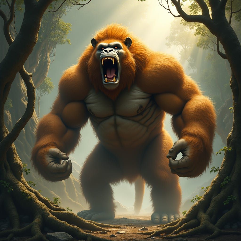 Regal Lion-Faced Gorilla Hybrid in Majestic Jungle Landscape