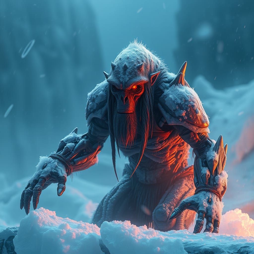 Frozen Robot Neanderthal in Ice, Detailed Matte Painting