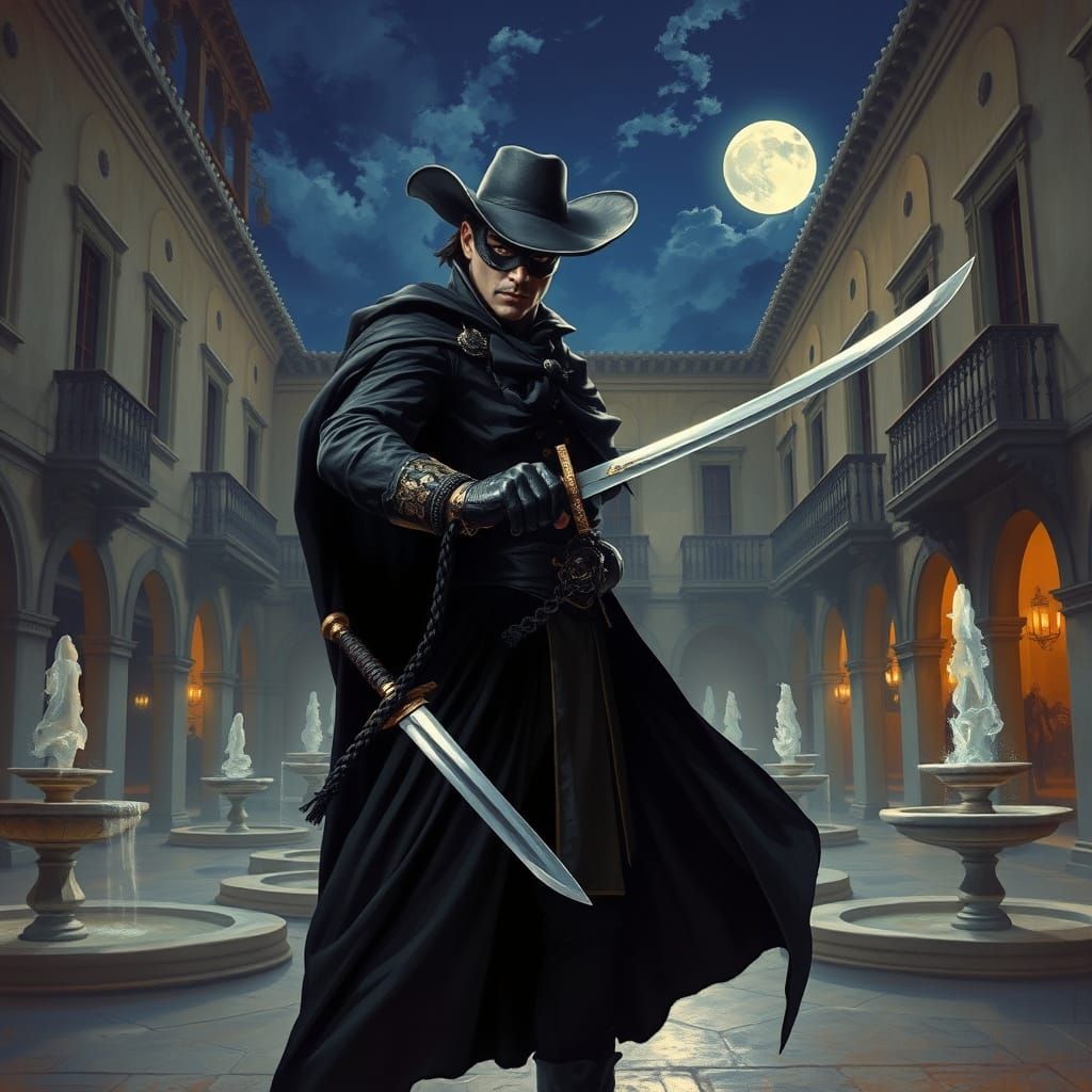 Heroic Spanish Swordsman in Moonlit Courtyard