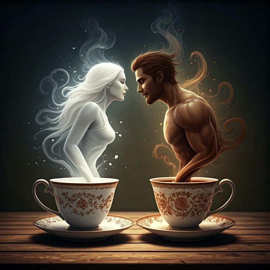 Coffee and Milk Silhouettes Reach for a Kiss