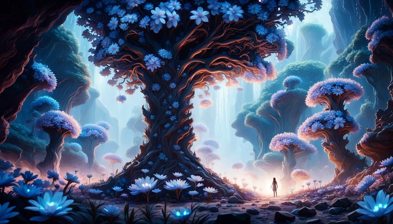 Glowing Tree in Underground Flower Field