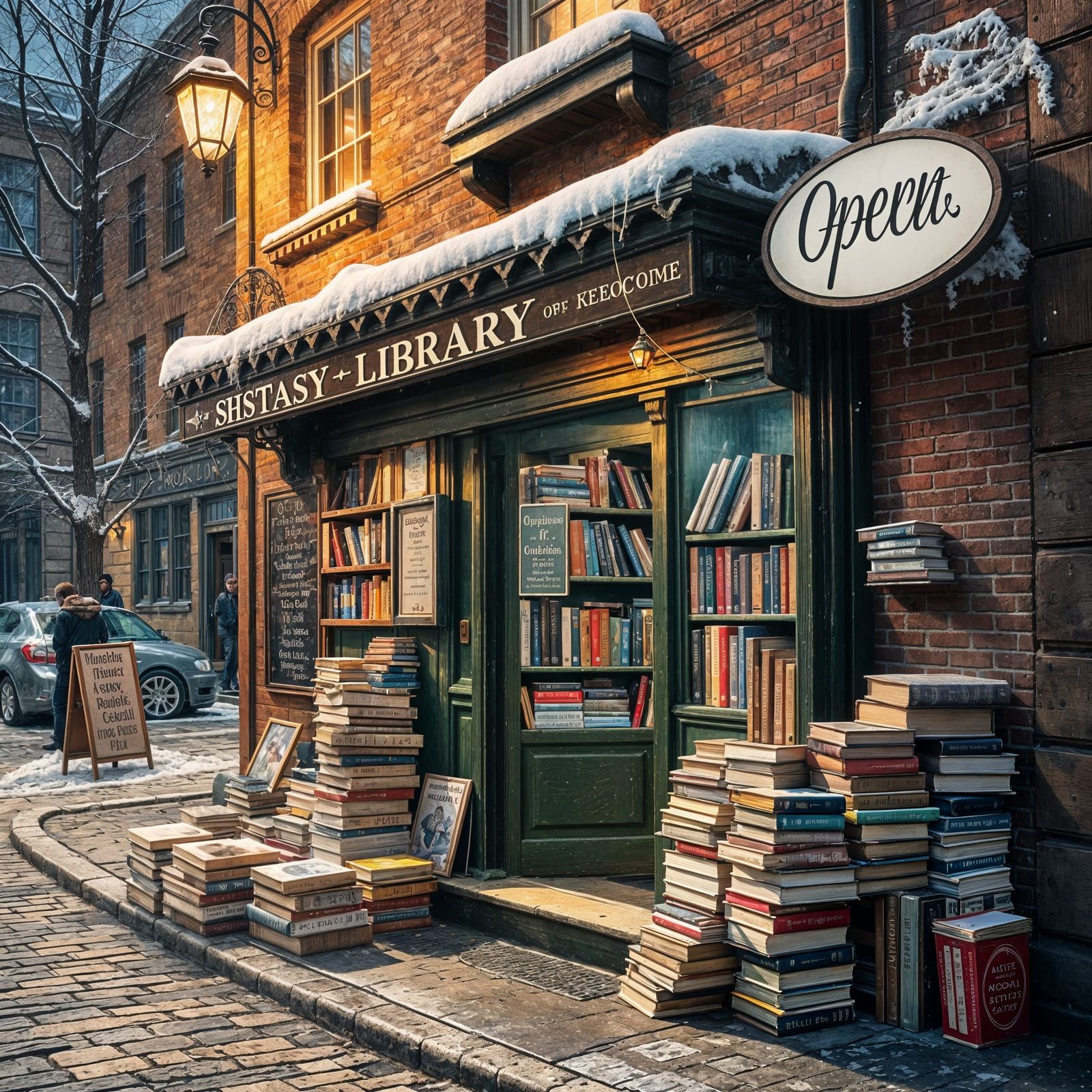 Whimsical Winter Bookstore Scene in Magical Fantasy Style