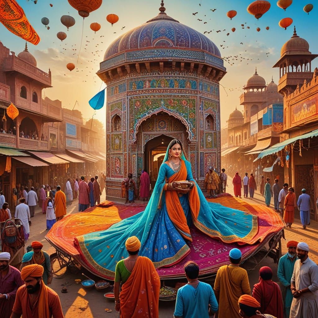 Vibrant Old Delhi Street Art Scene in Naive Style