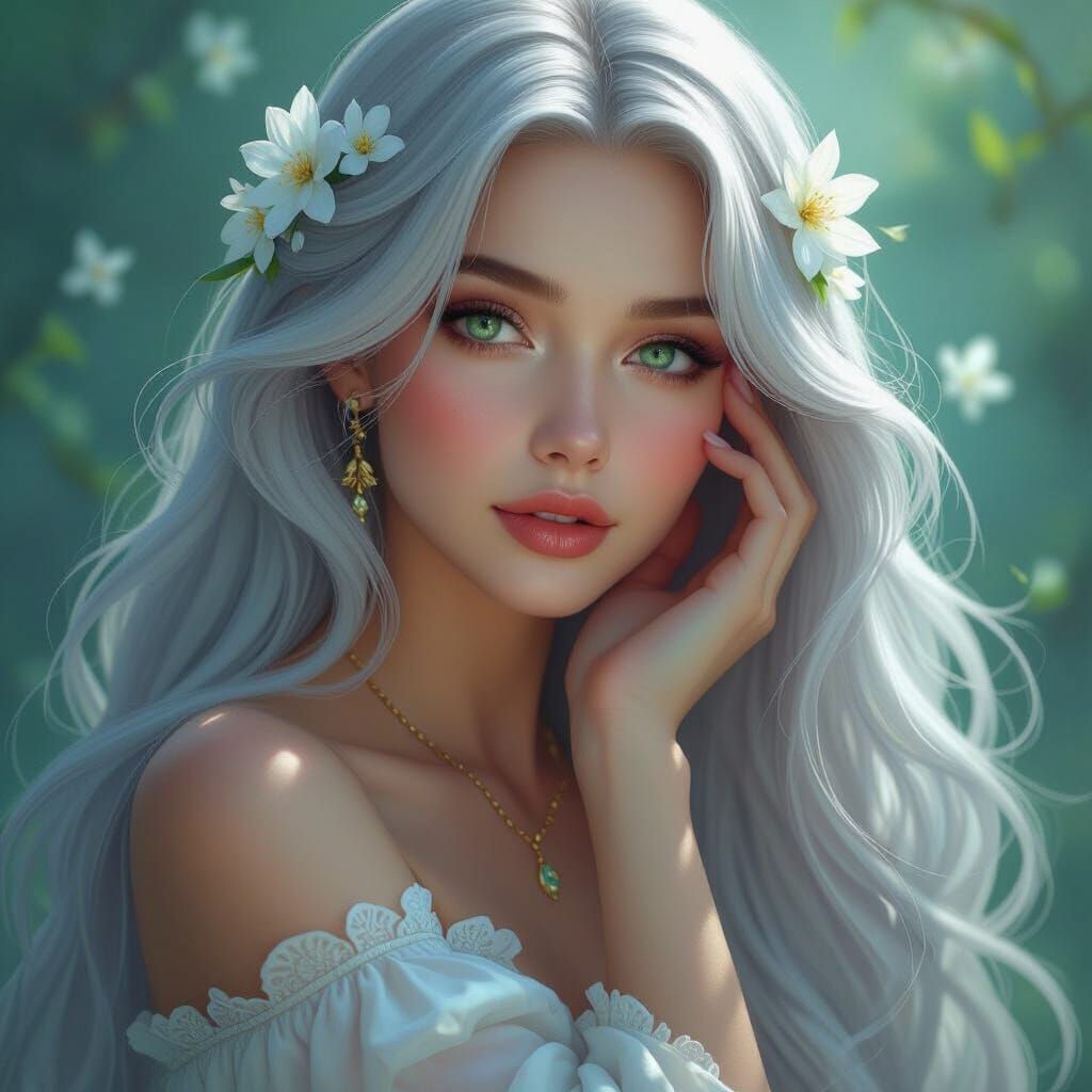 Ethereal Woman with Silver Hair, Pre-Raphaelite Style