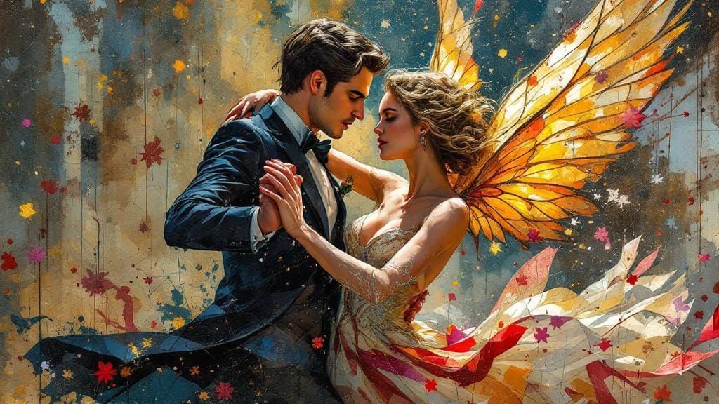 Elegant Gentleman Dancing Tango with Winged Fairy