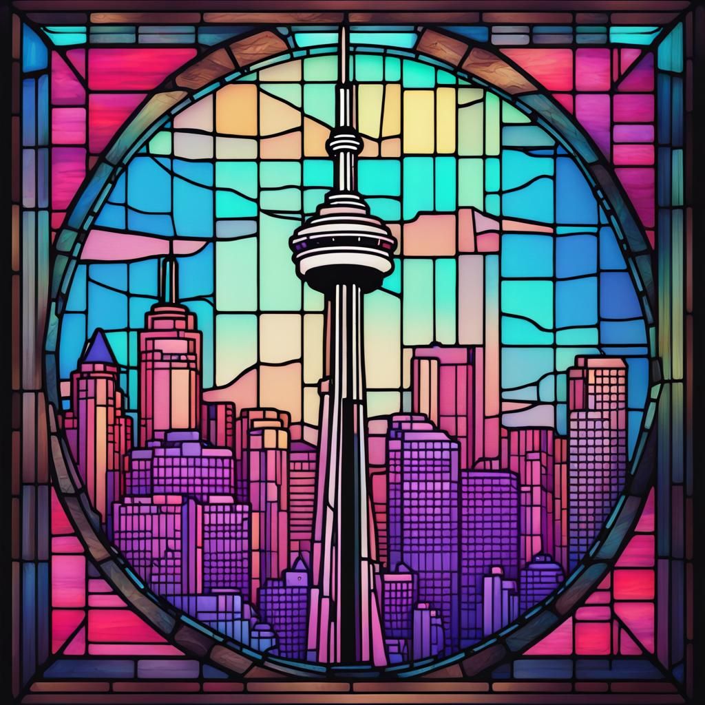 Toronto CN Tower in a stained glass frame
