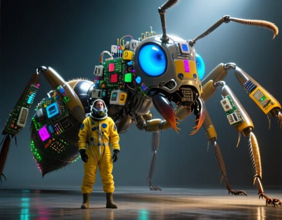 Giant Biomechanical Ant Creature with Spaceman