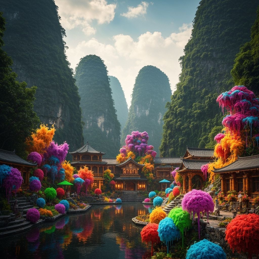 Fantastical Yangshuo Landscape in Vibrant Mixed Media