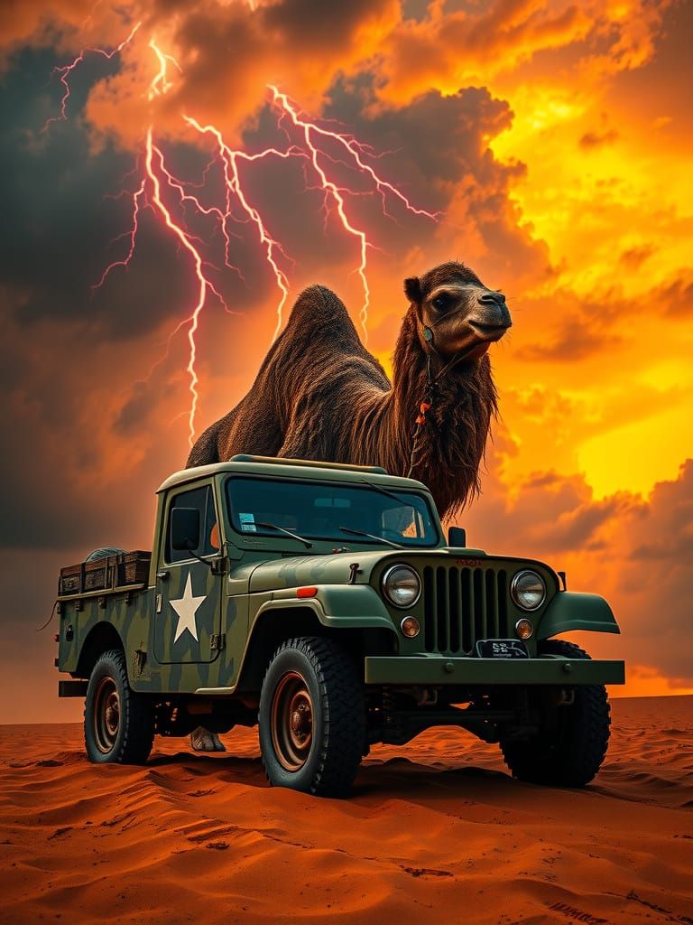 Army Jeep and Colossal Lightning Camel in Storm