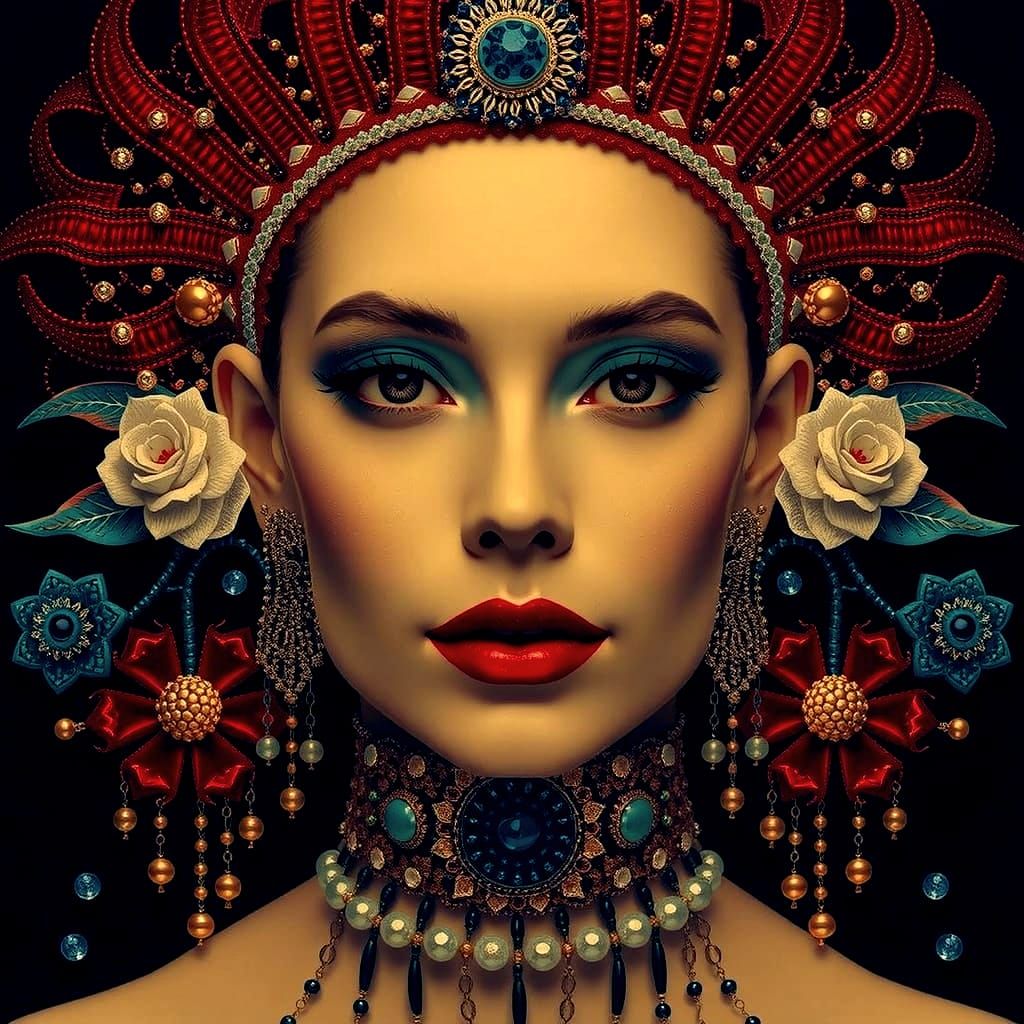 Ornate Beaded Waterfall Artwork with Gold and Silver Detail