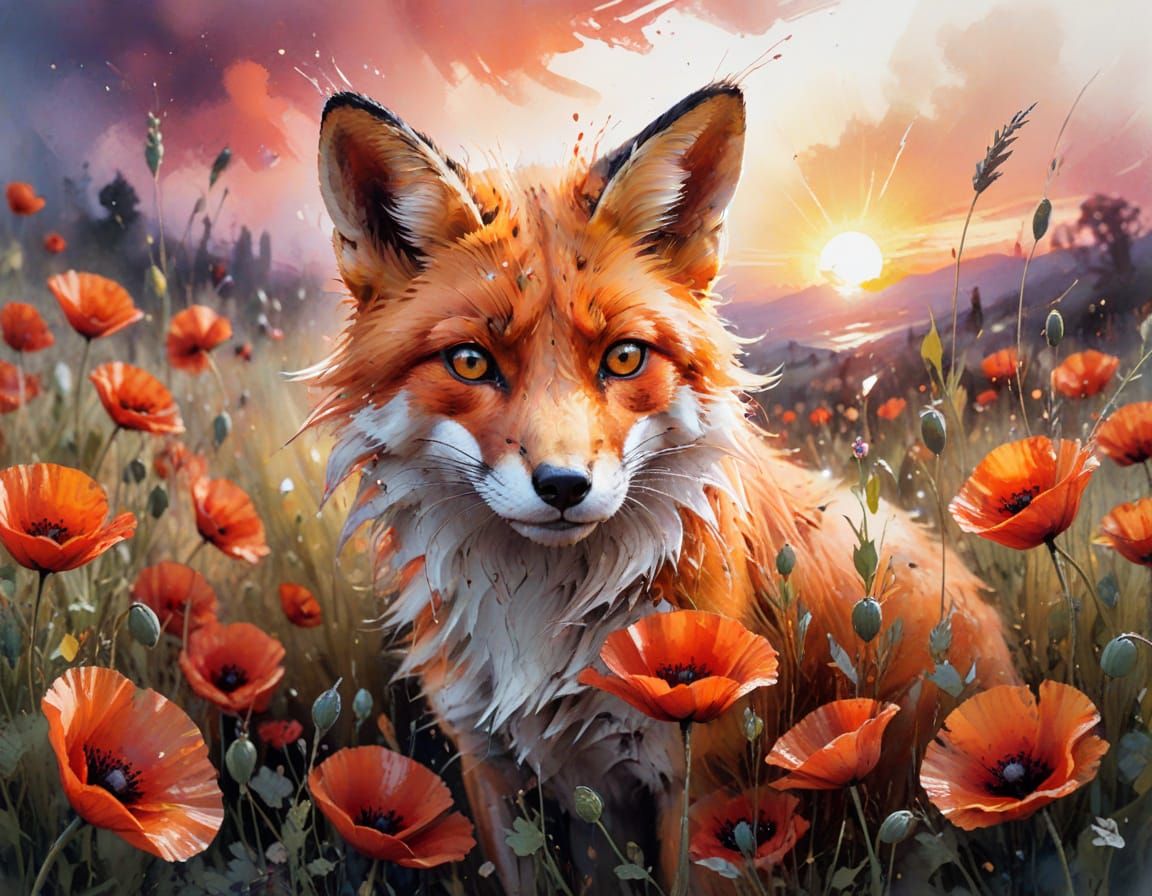 Fox in Poppies: Neo-Impressionist Oil Painting