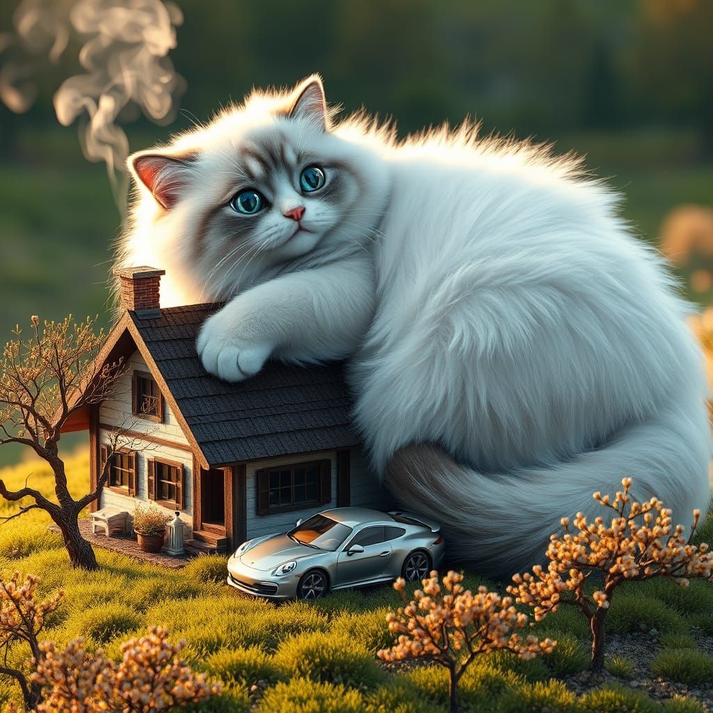 Giant Ragdoll Cat Surrounded by Whimsical Cottage and Tiny C...