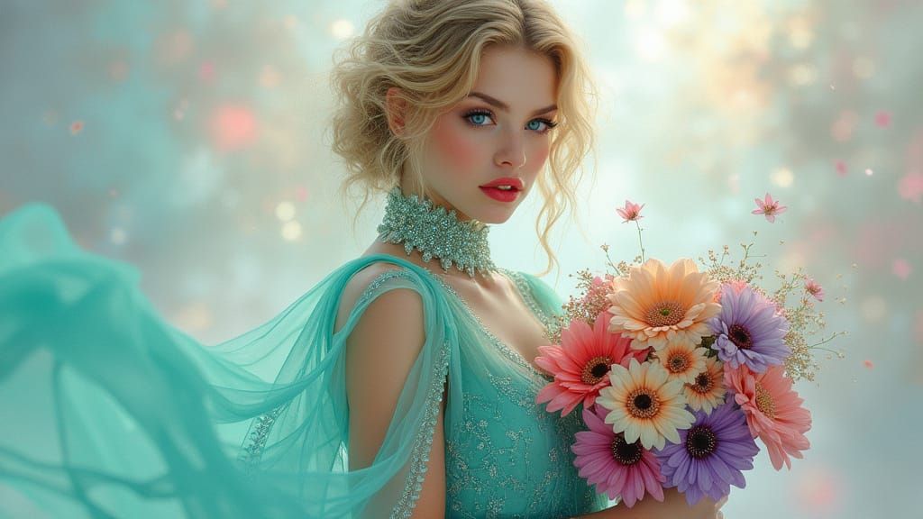 Ethereal Woman with Rainbow Bouquet as Oil Painting