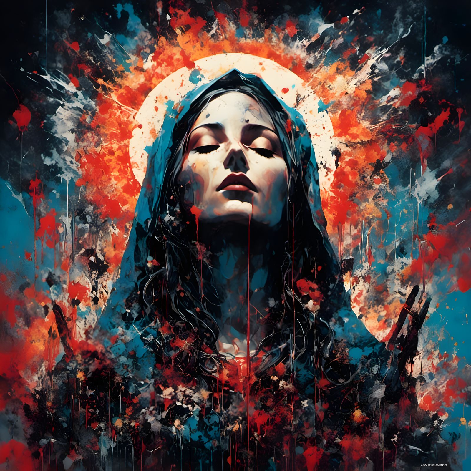 Gothic Virgin Mary in Splatter Graffiti Style with Micophone...