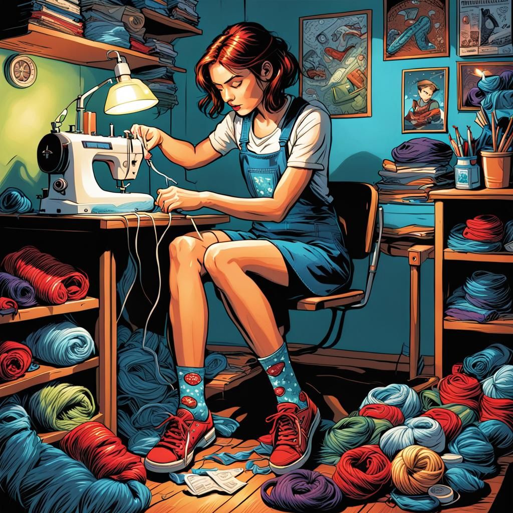 Fearless Woman Sewing Socks in Comic Book Art