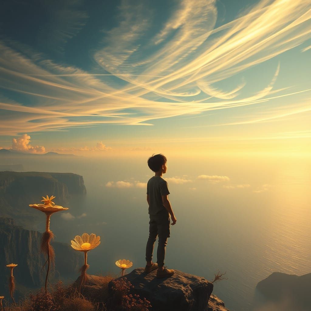 Youthful Figure at Breathtaking Horizon, Blending Fantasy an...