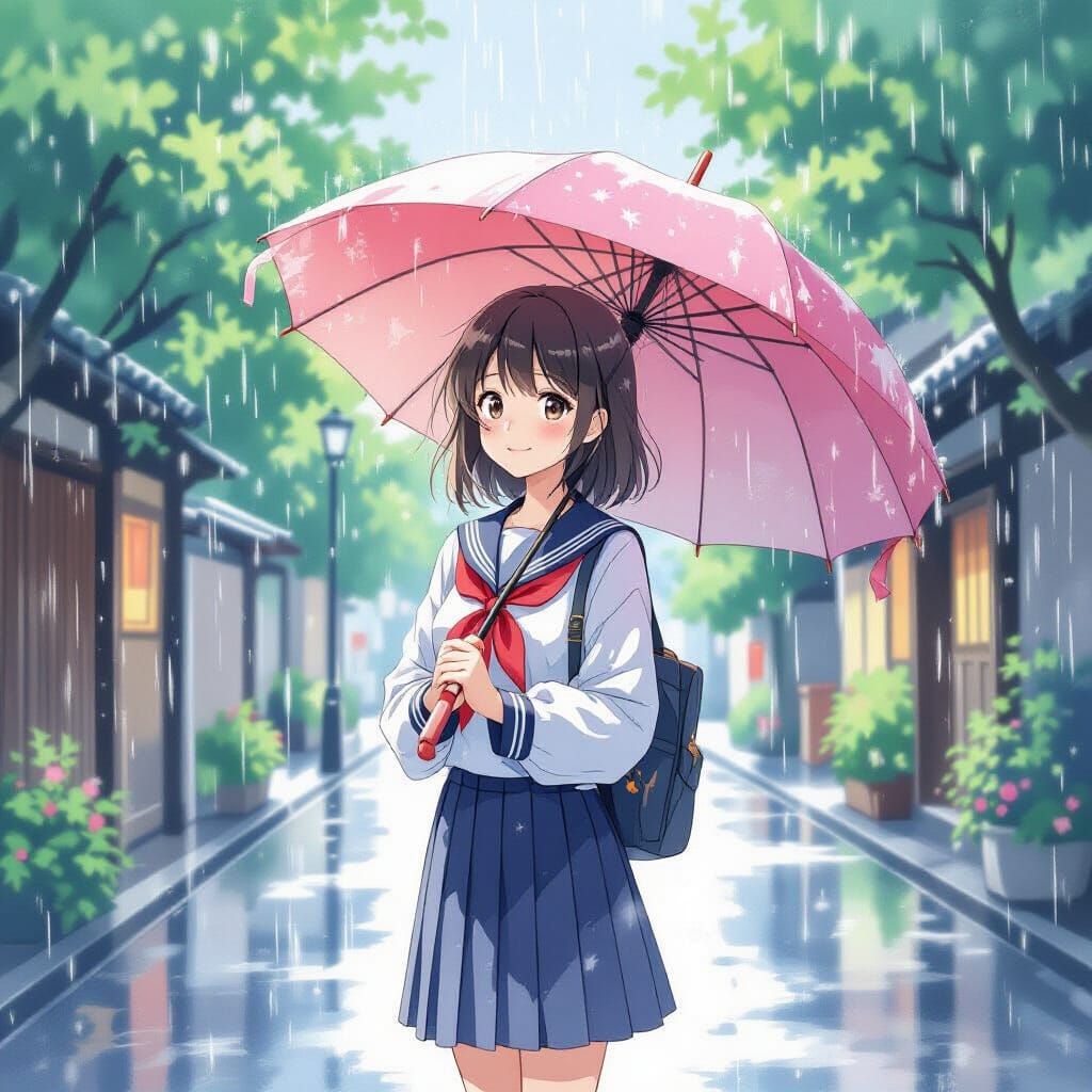 Girl in Rain, Anime Watercolor Style