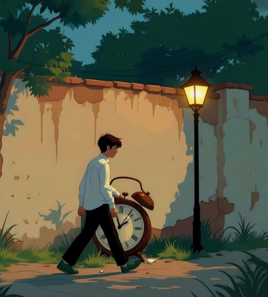 Teen Walks Away From Clock at Dusk