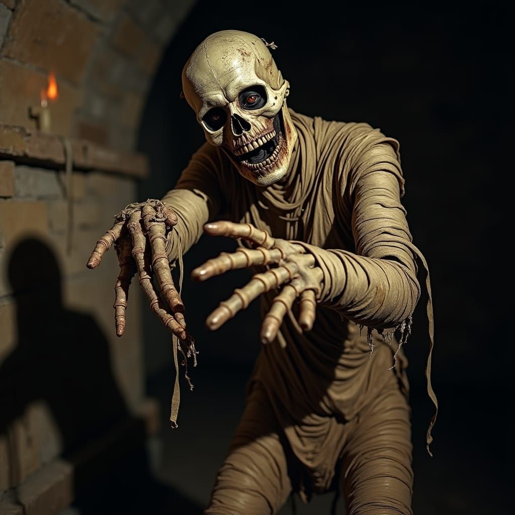 Decaying Mummy Reaching Out in Crypt