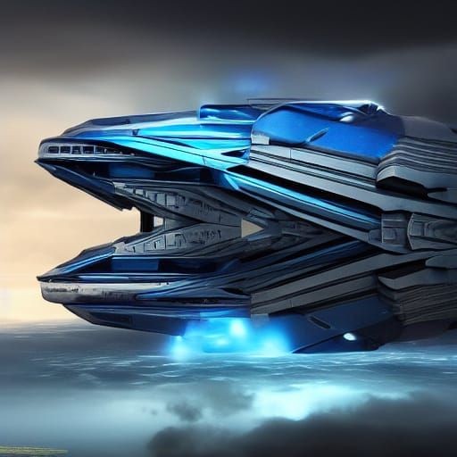 Blue Car-Shaped Spaceship: Digital Matte Painting