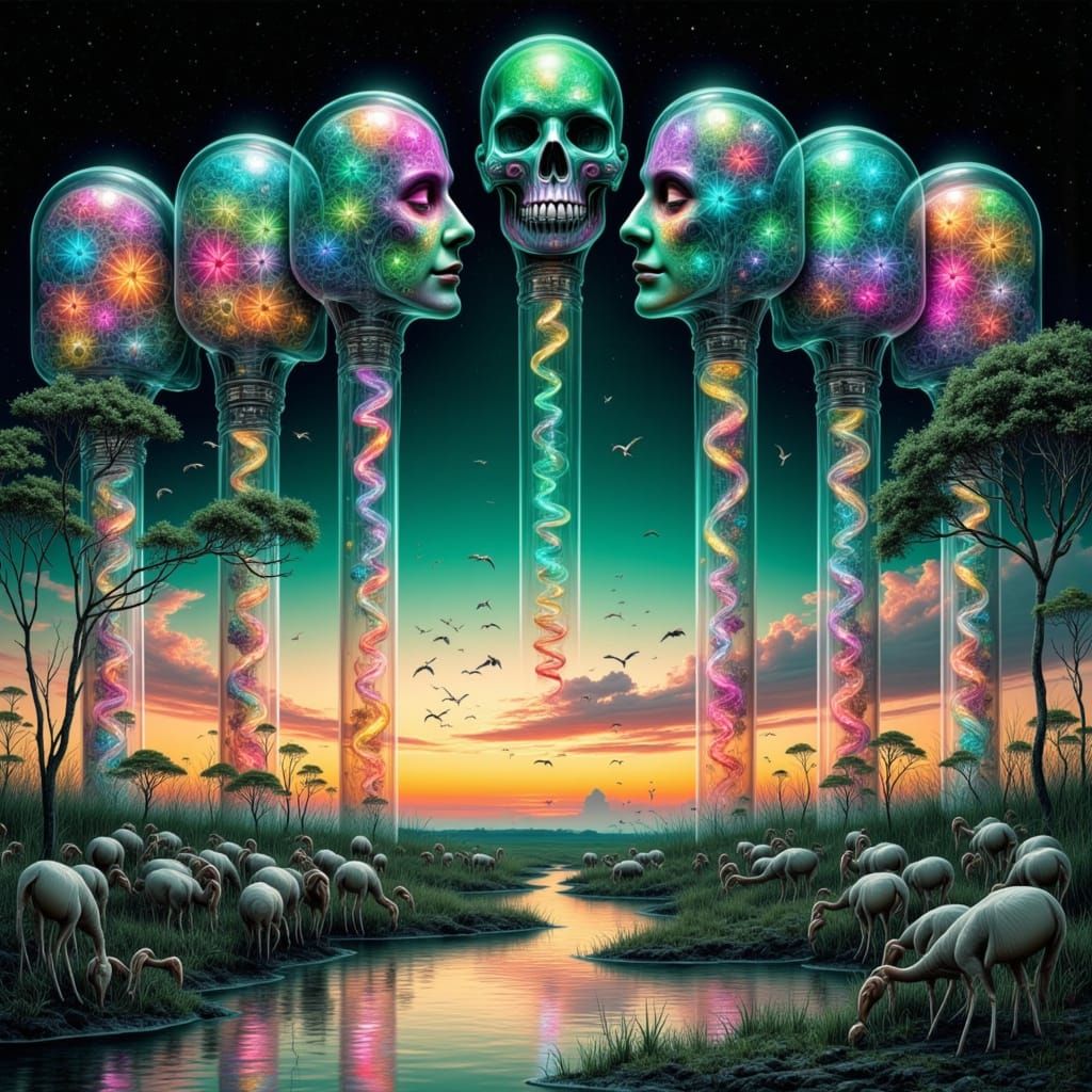 Surreal Savanna Waterhole with Glowing Brains