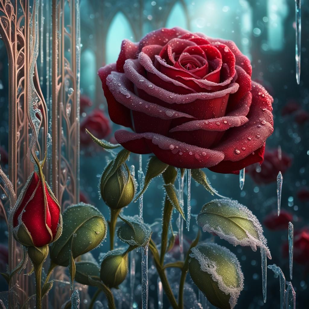 Frozen Red Rose Gleaming with Dew in Art Nouveau