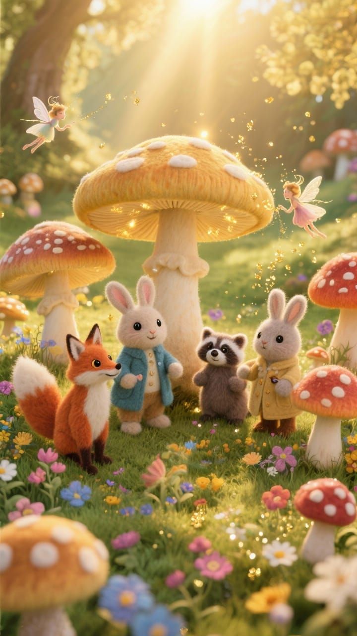 Whimsical Glade Meeting With Glowing Mushrooms and Felted Bu...
