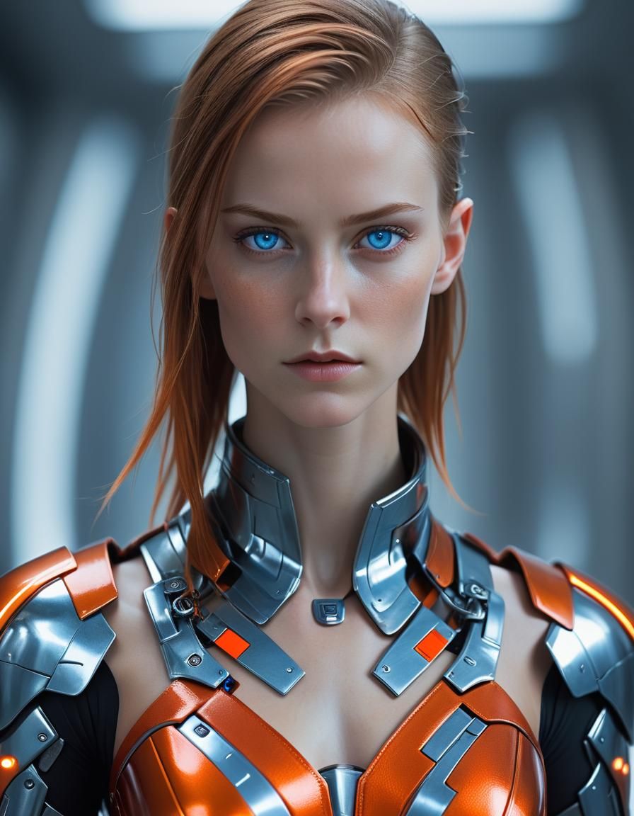 Futuristic Woman in Orange Leather Armor