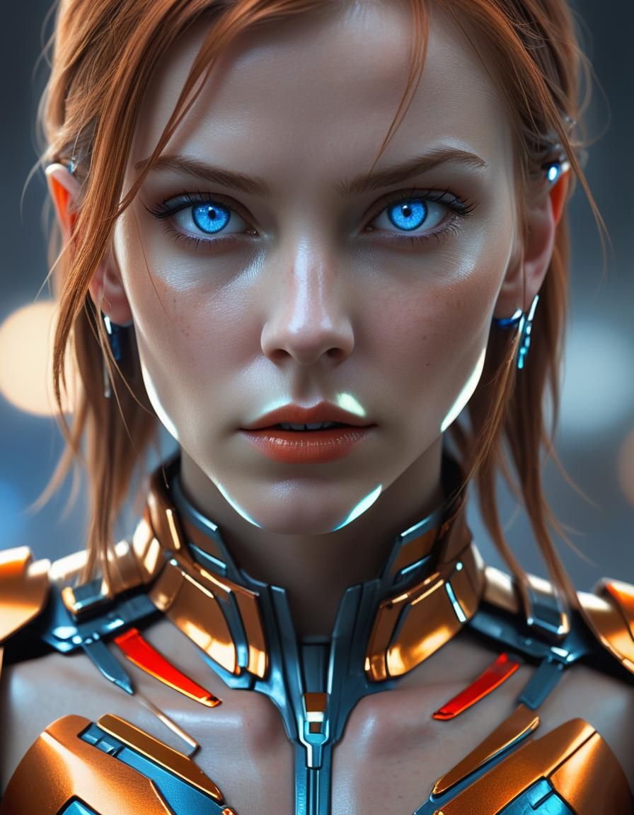 Cybernetic Warrior with Fierce Gaze in Futuristic Suit