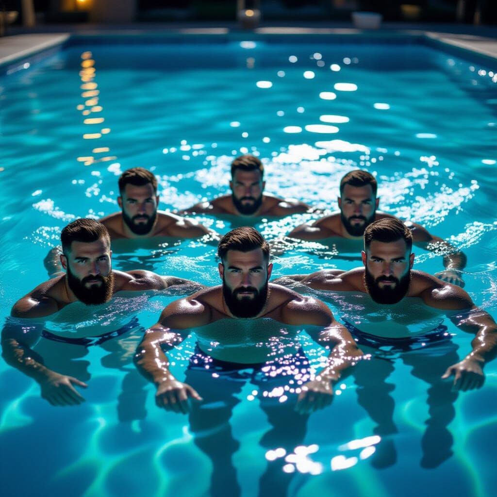 Muscular Men Swim at Night in Pool, Water Level View