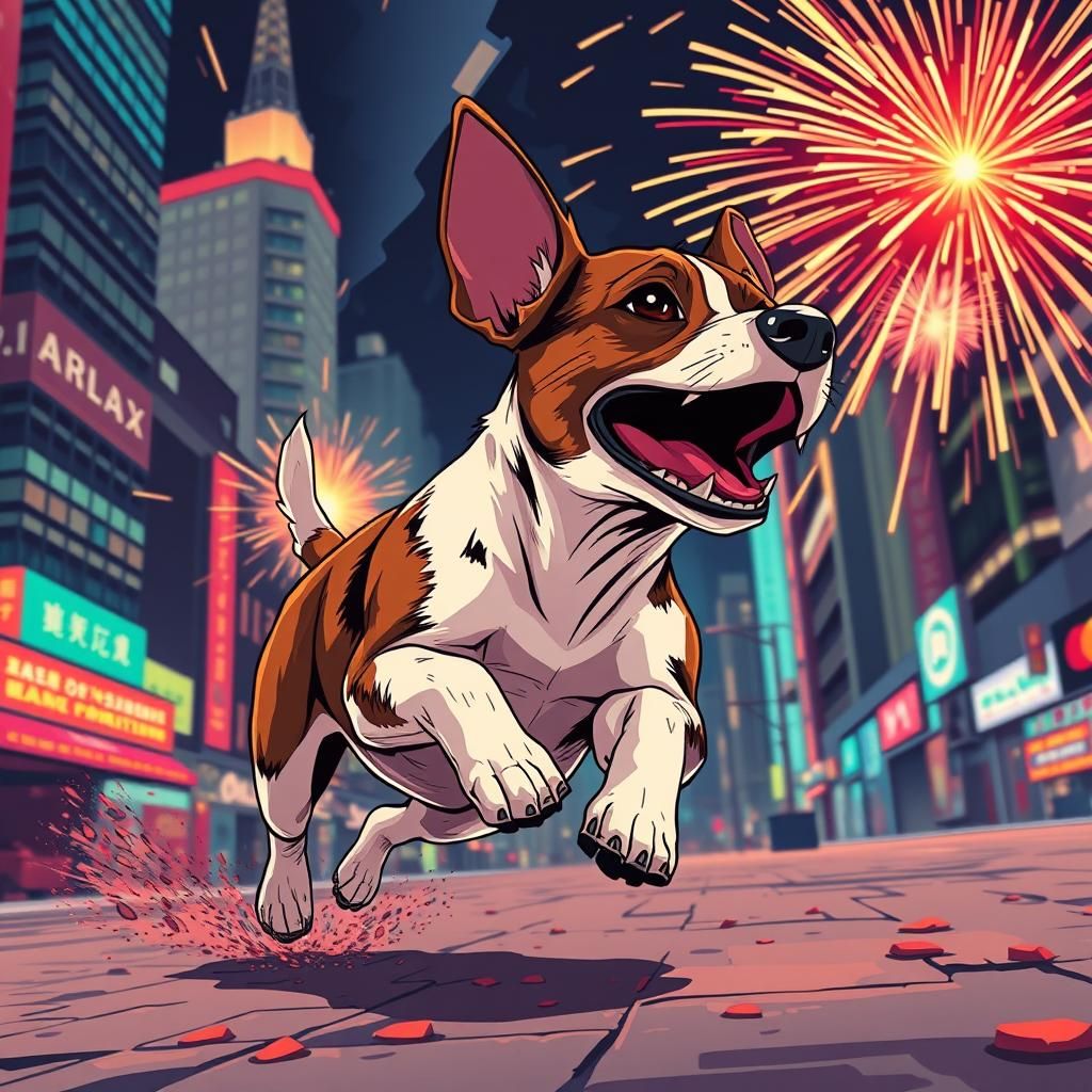 A jack russell terrier playing with fireworks