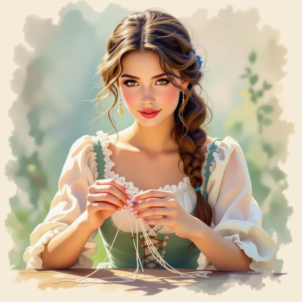 Young Woman Weaving Lace in Fairytale Setting
