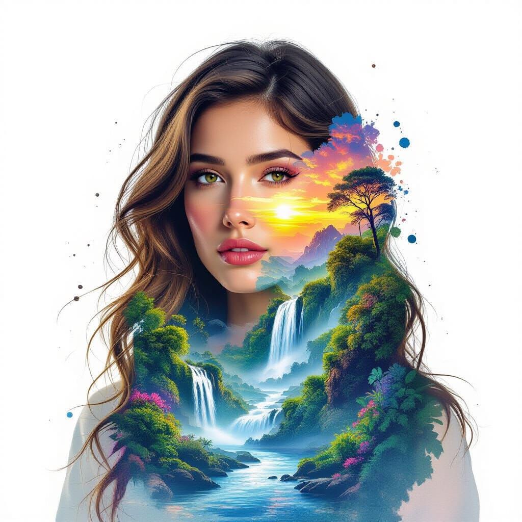 Ethereal Woman Artist Painting Nature Scene Double Exposure