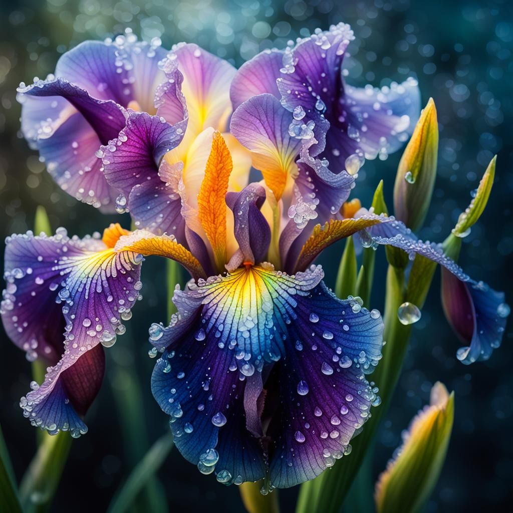Bioluminescent Iris with Dewdrops in Foggy Mist