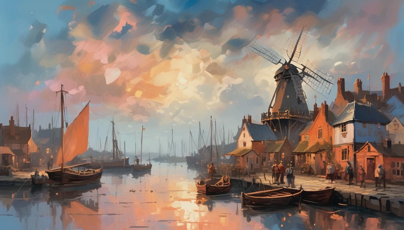 (5) Medieval fishing port early on a hot July day.