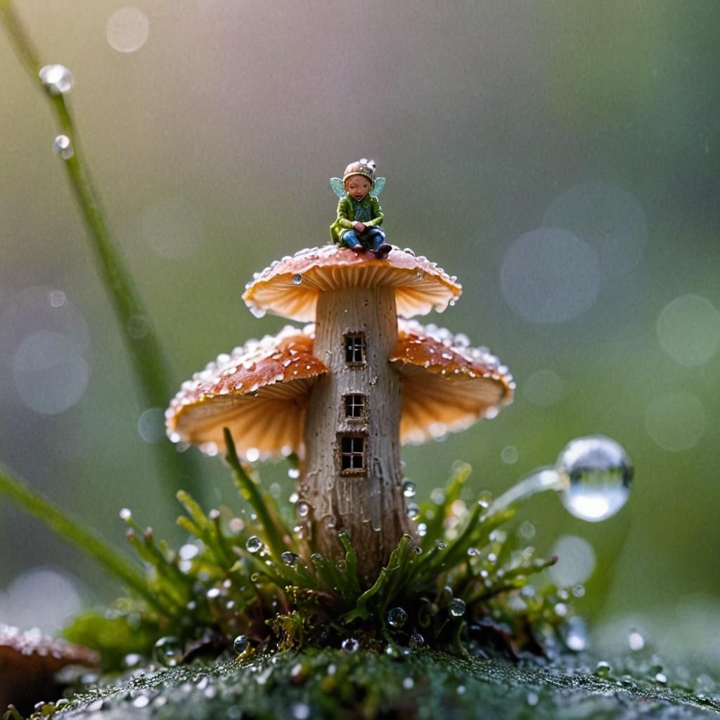 Fairy on Mushroom: Macro Photography with Dew Drops