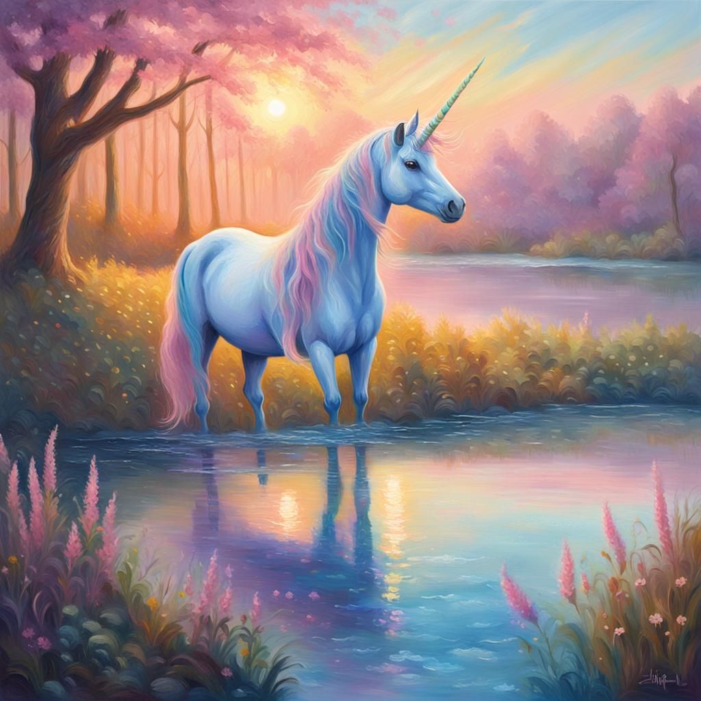 Ethereal Unicorn on Riverbank in Impressionist Style