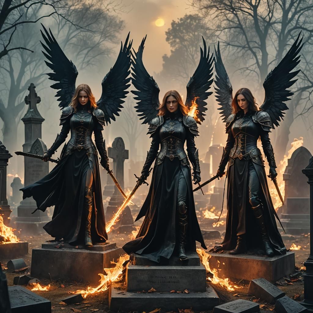 Gothic Angels with Fire Swords in Cemetery