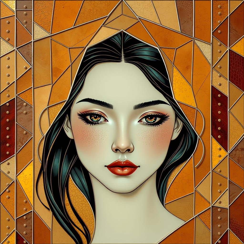 Serene Woman's Face in Tessellated Mosaic Style