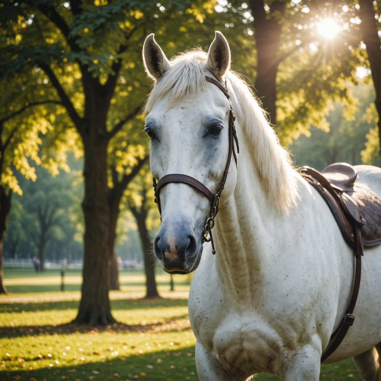 Stunning White Horse in a Serene Park Landscape