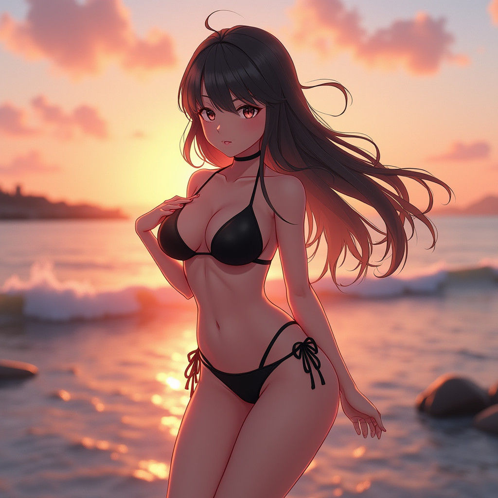 Woman in Black Bikini at Sunset: 3D Anime Art