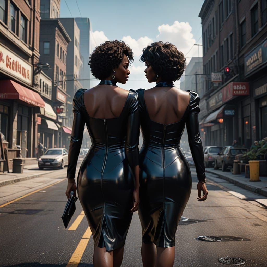 Two Ebony Women in Shimmering Black Latex Dresses Stroll Dow...