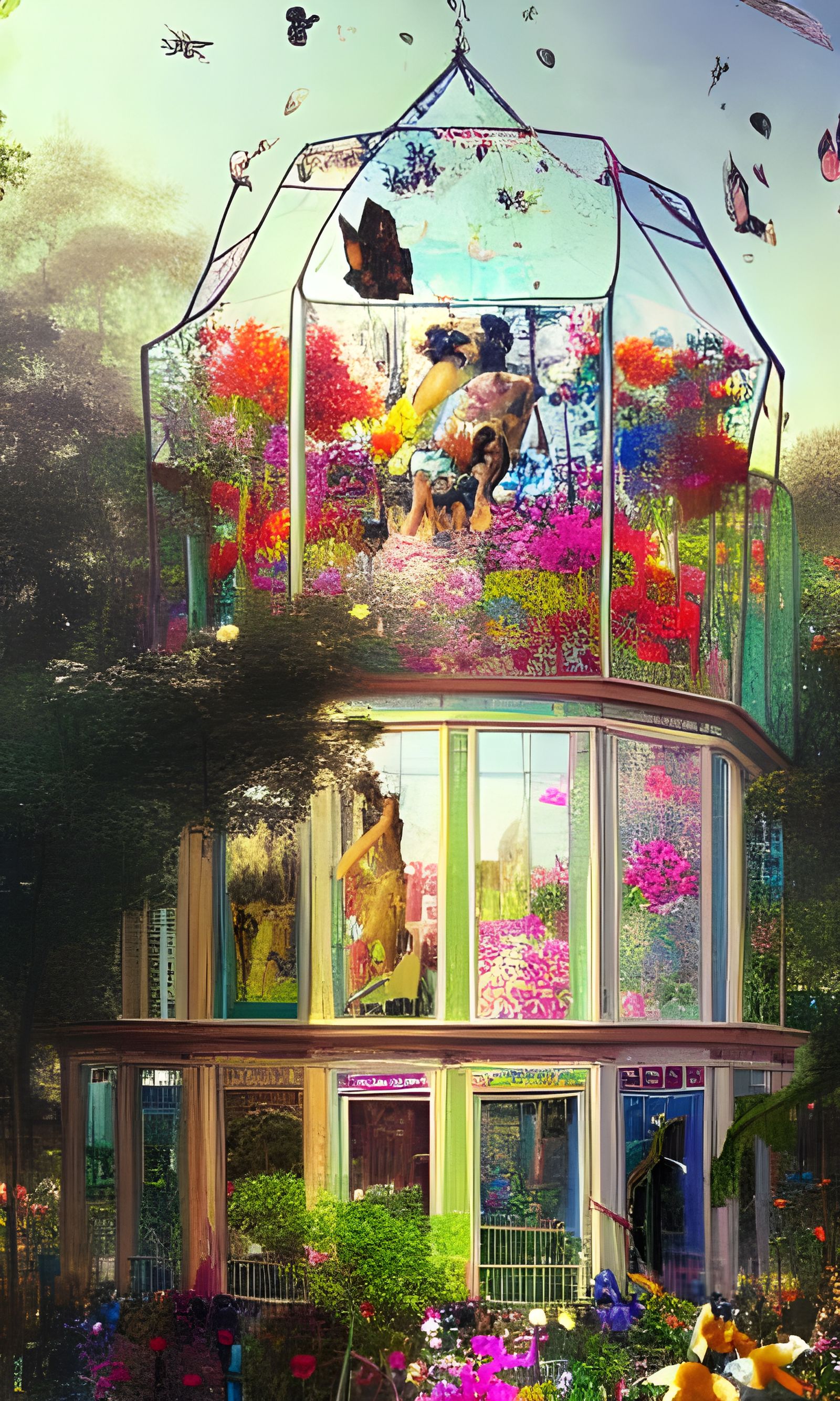 Glass House Engulfed in Colorful Flowers