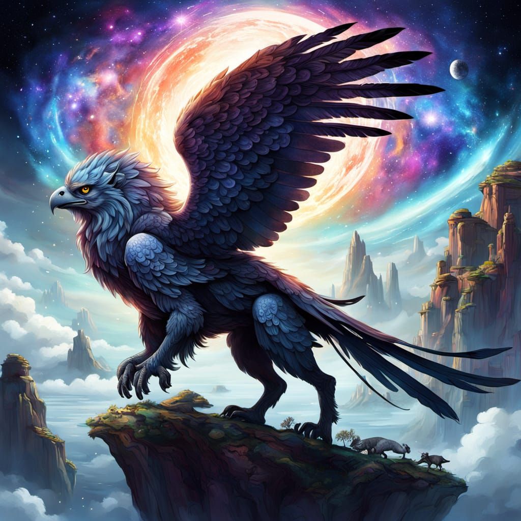 Celestial Griffin Perched on Floating Island