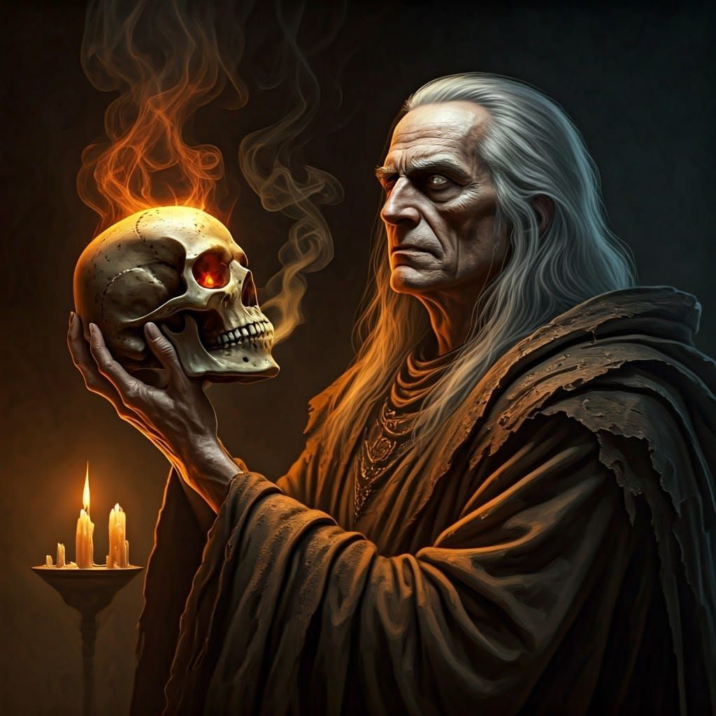 Ancient Necromancer with Spectral Skull, Dramatic Film Still