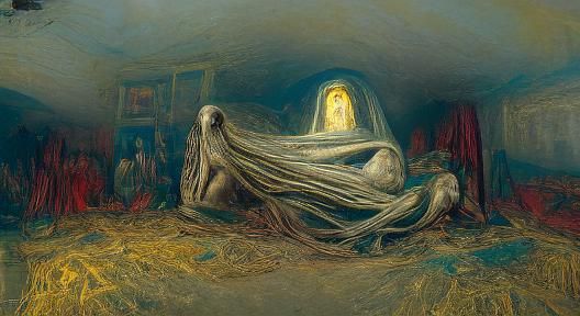 Expressionist Woman in Burning House with Books