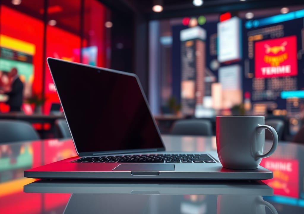 Laptop and Coffee Cup Concept Art in Office