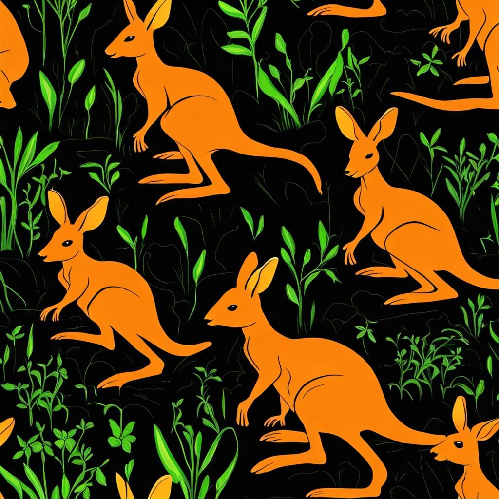 Bright Green and Orange Kangaroo on Black